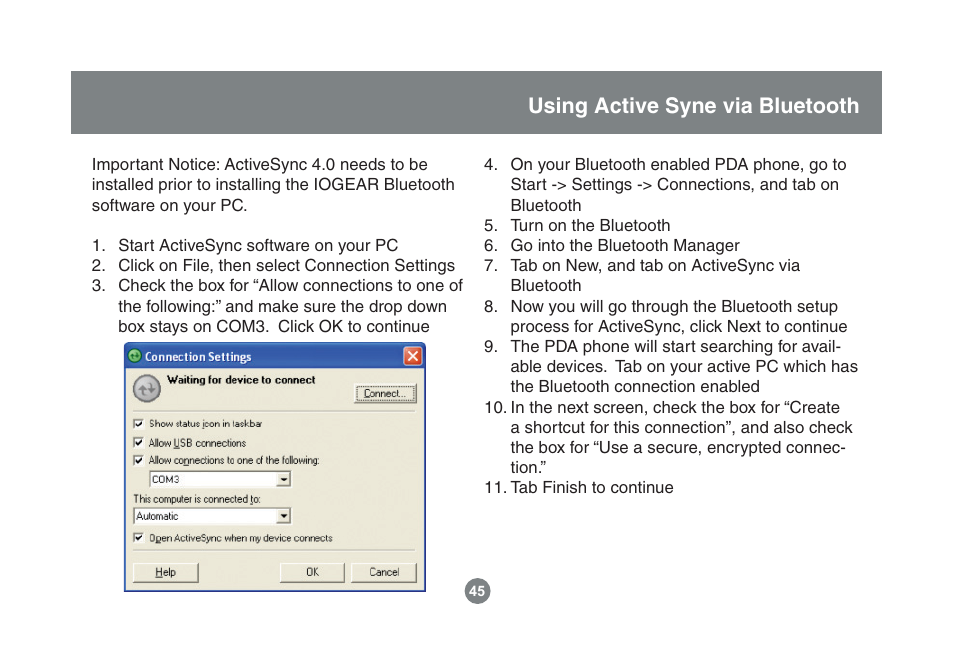 Using active syne via bluetooth | IOGear Enhanced Data Rate Bluetooth USB Adapter GBU221P User Manual | Page 45 / 60