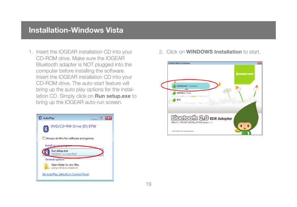 Installation-windows vista | IOGear Bluetooth 2.0 USB Micro Adapter GBU421 User Manual | Page 19 / 69