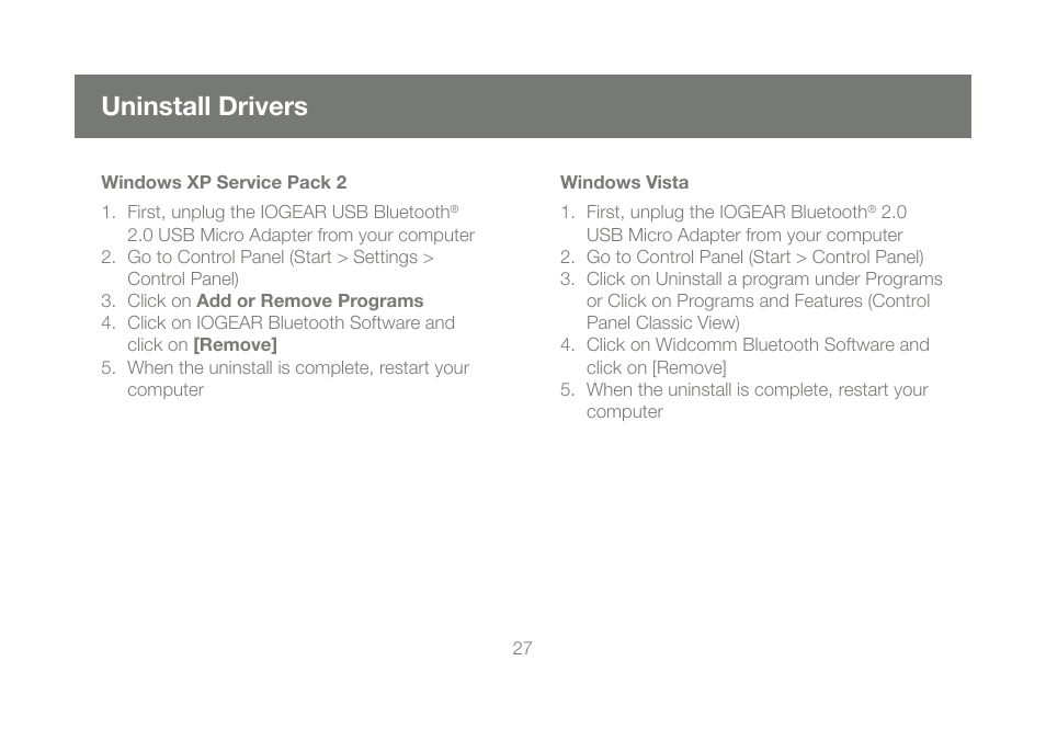 Uninstall drivers | IOGear Bluetooth 2.0 USB Micro Adapter GBU421 User Manual | Page 27 / 69