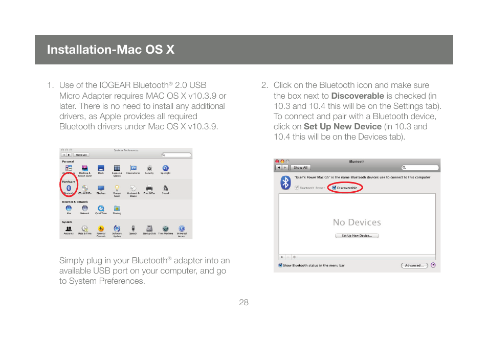 Installation-mac os x | IOGear Bluetooth 2.0 USB Micro Adapter GBU421 User Manual | Page 28 / 69