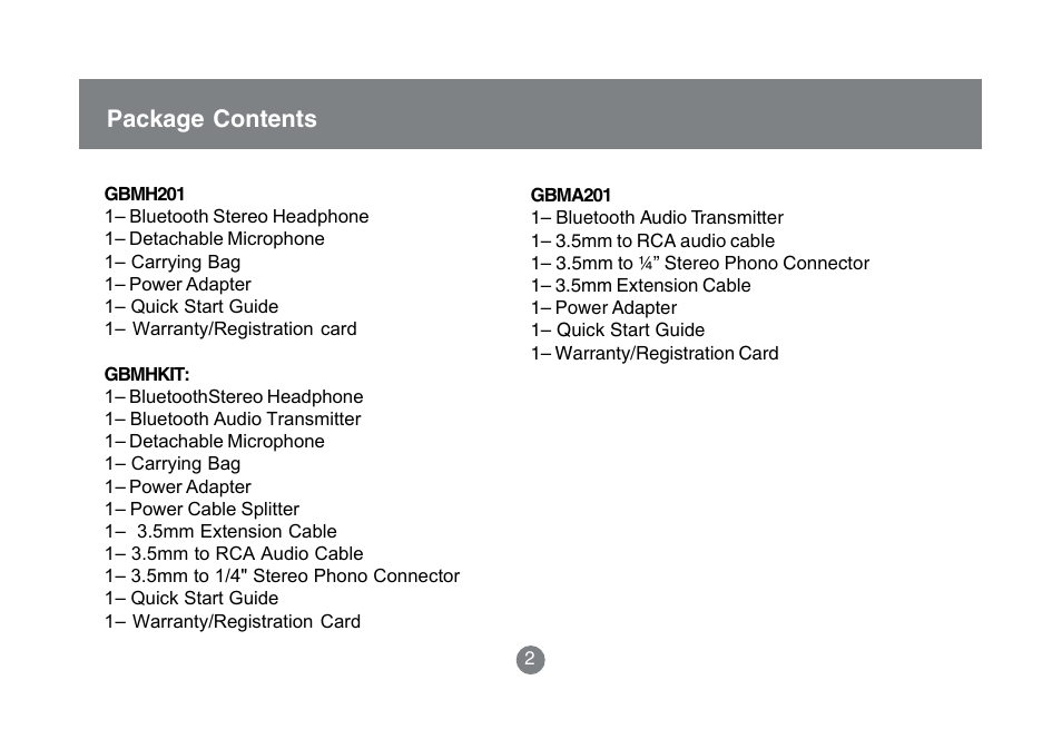 Package contents | IOGear GBMA201 User Manual | Page 4 / 32