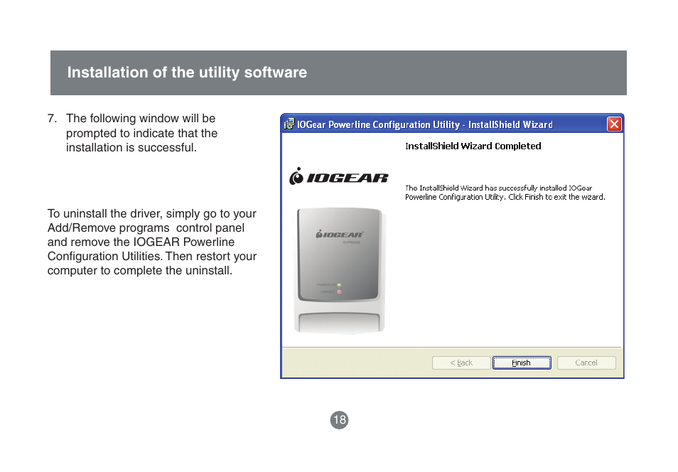 Installation of the utility software | IOGear HomePlug to Ethernet Bridge GHPB42 User Manual | Page 17 / 75