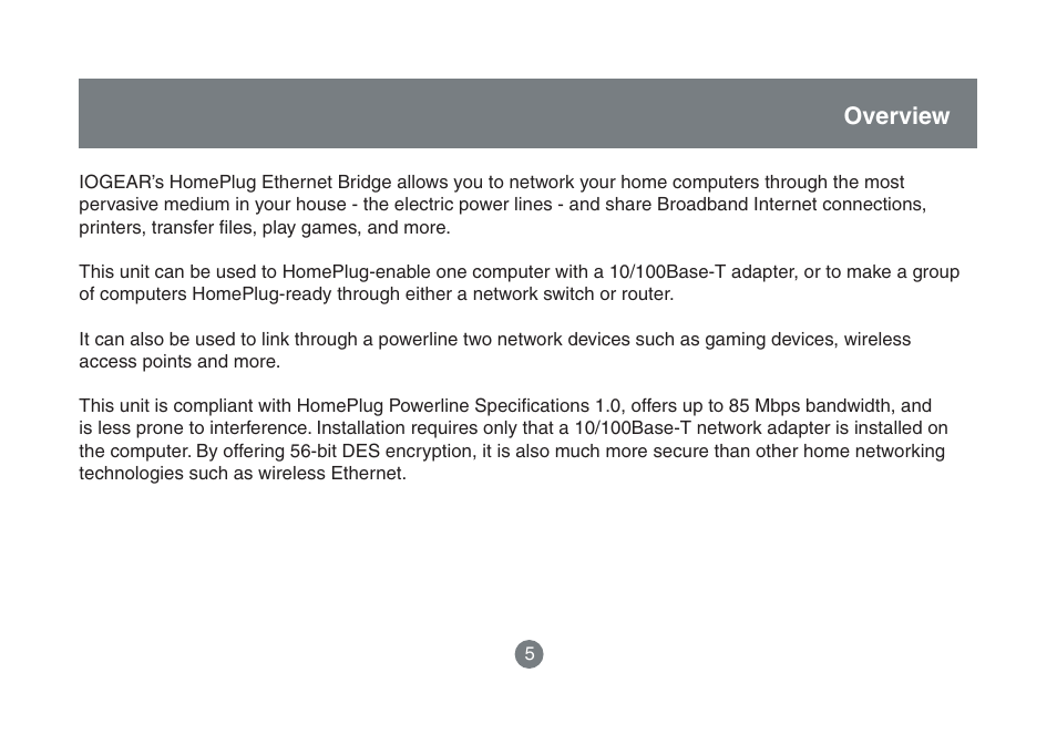 Overview | IOGear HomePlug to Ethernet Bridge GHPB42 User Manual | Page 4 / 75