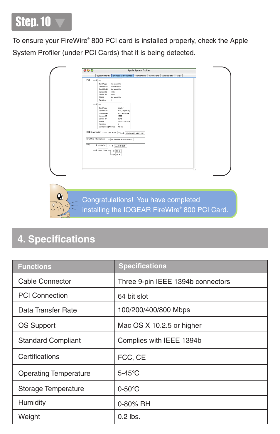 Step. 10, Specifications | IOGear FireWire 800 GIC3800 User Manual | Page 7 / 8