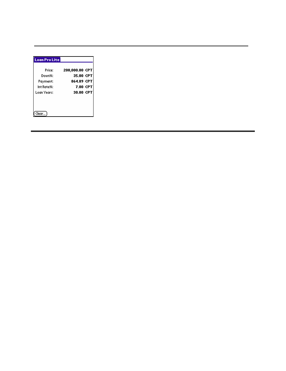 Example, Home mortgage | Infinity Softworks Palm Computing Platform User Manual | Page 10 / 11