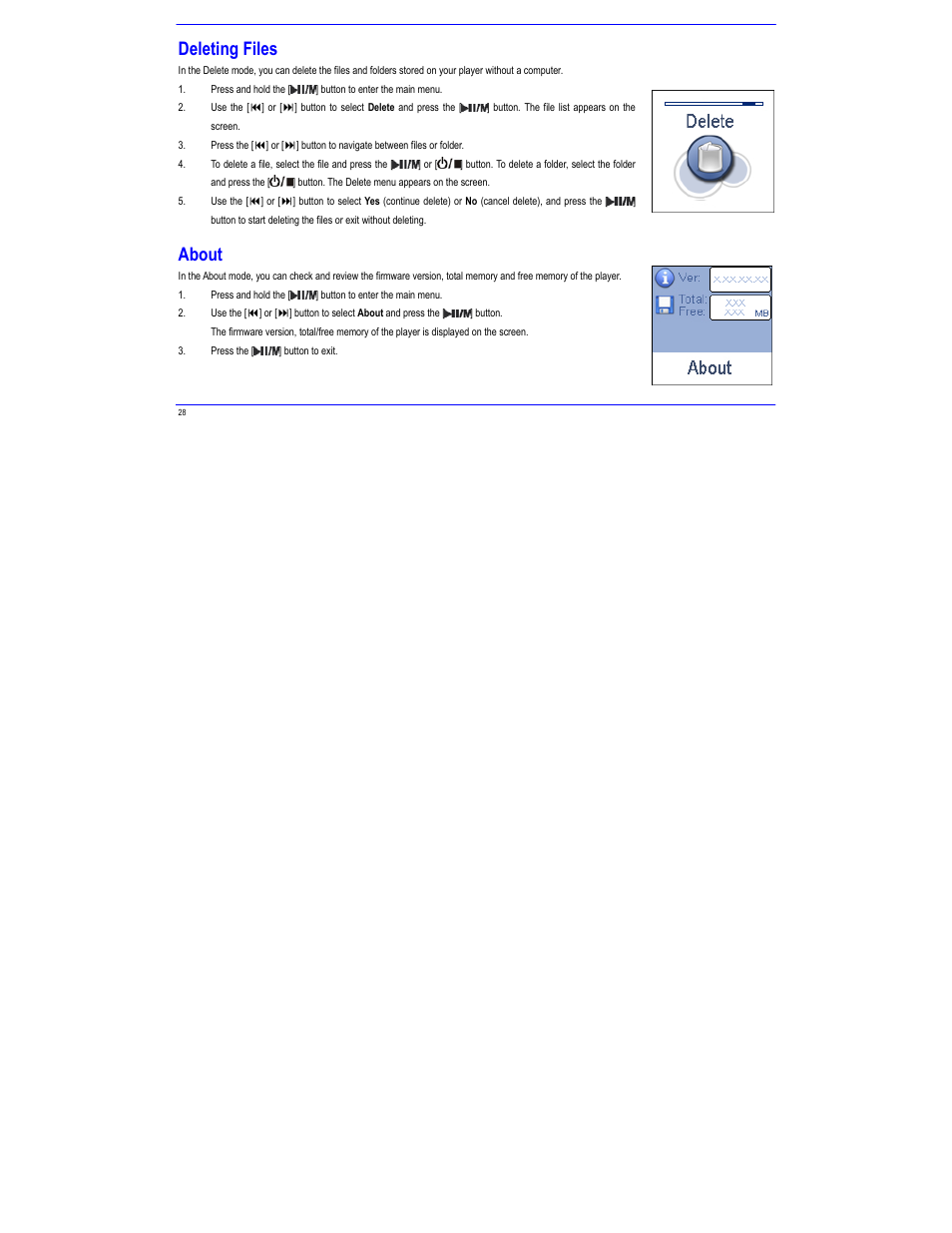 Deleting files, About | Igloo MPK2066UKAB User Manual | Page 32 / 36