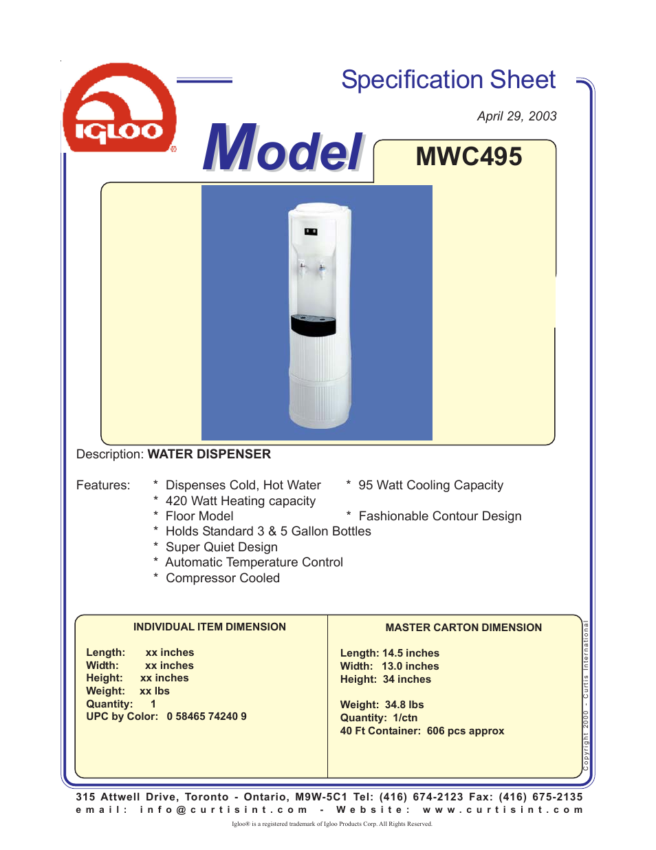 Igloo MWC495 User Manual | 1 page