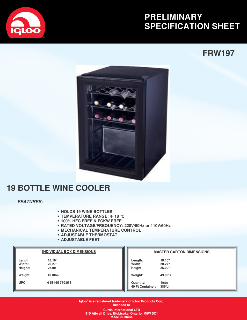 Igloo FRW197 User Manual | 1 page