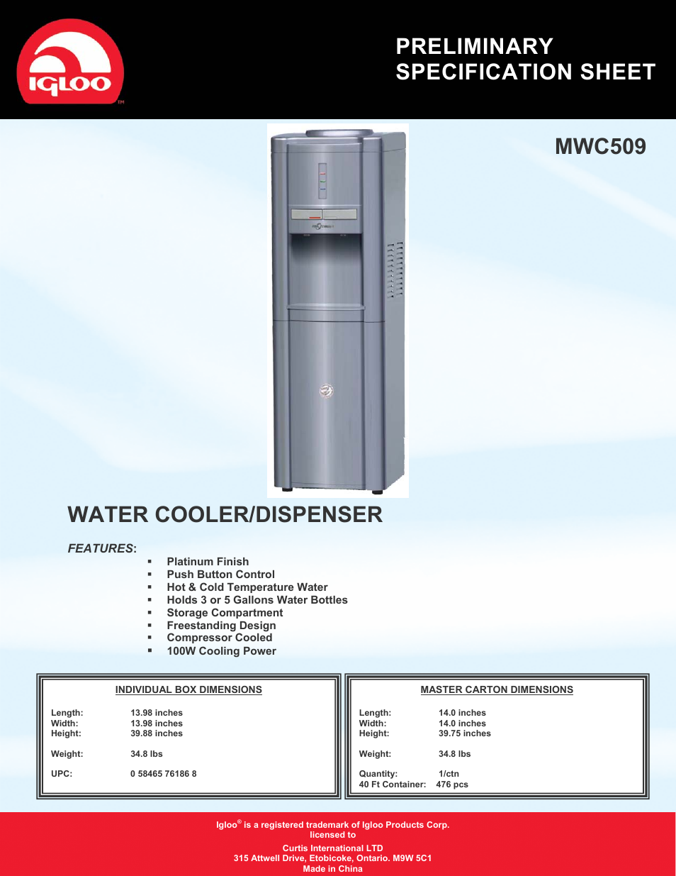 Igloo Water Cooler/Dispenser MWC509 User Manual | 1 page