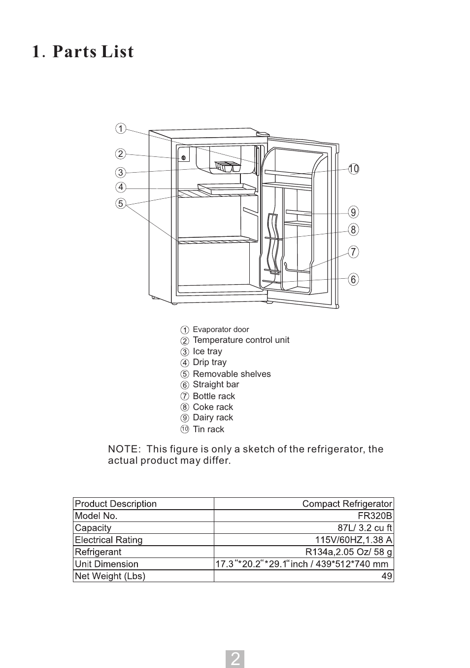 1 . parts list | Igloo FR320B User Manual | Page 3 / 8