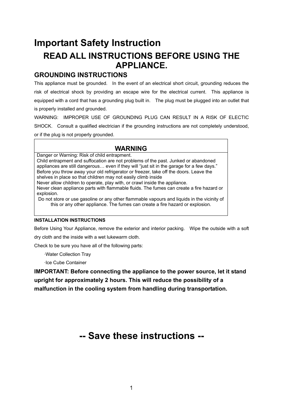 Important safety instruction, Save these instructions, Read all instructions before using the appliance | Igloo FR320UK User Manual | Page 2 / 8