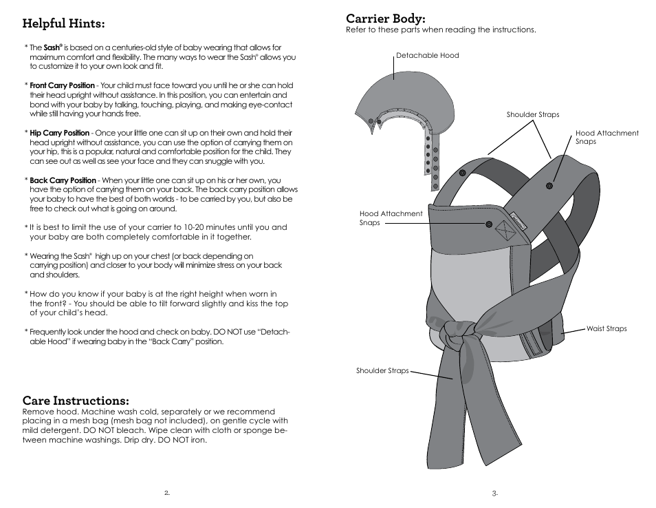 Helpful hints, Care instructions, Carrier body | Infantino Sash Carrier 200-122 User Manual | Page 2 / 6