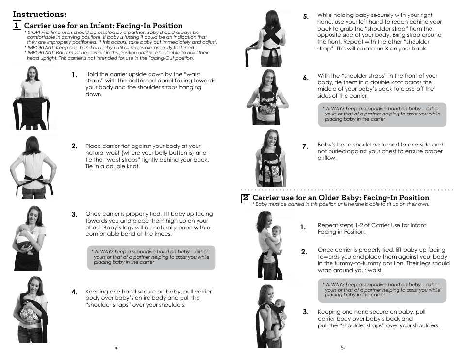 Instructions, Carrier use for an infant: facing-in position, Carrier use for an older baby: facing-in position | Infantino Sash Carrier 200-122 User Manual | Page 3 / 6