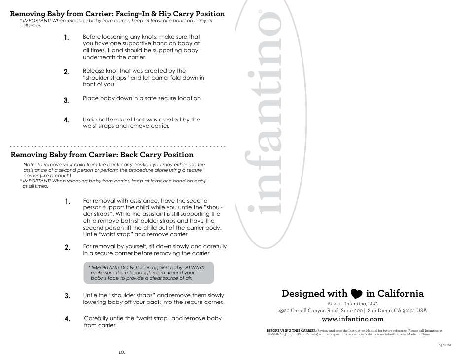 Designed with in california, Removing baby from carrier: back carry position | Infantino Sash Carrier 200-122 User Manual | Page 6 / 6