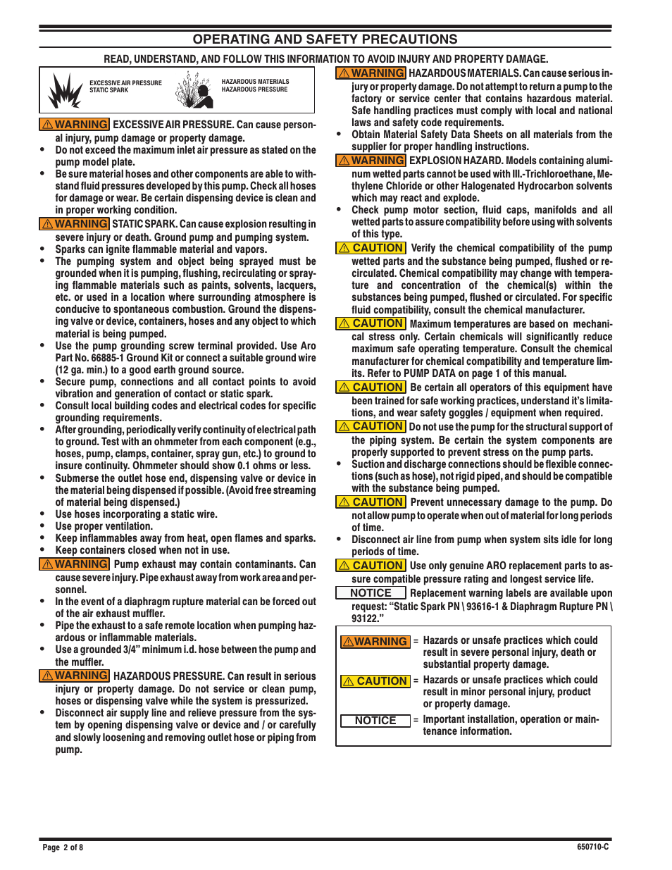 Operating and safety precautions | Ingersoll-Rand ARO 650710-C User Manual | Page 2 / 8