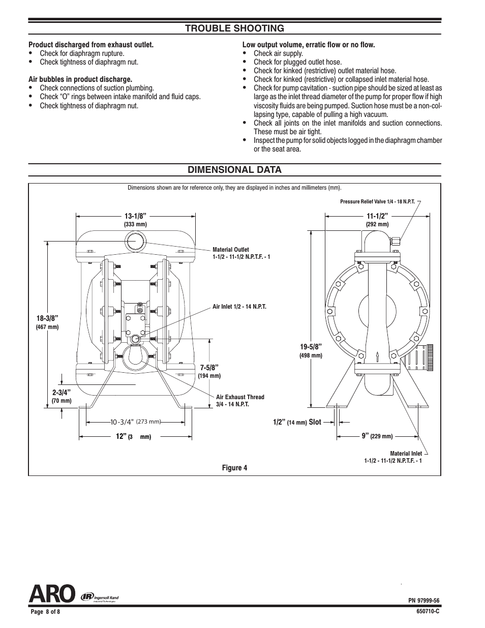 Trouble shooting, Dimensional data | Ingersoll-Rand ARO 650710-C User Manual | Page 8 / 8