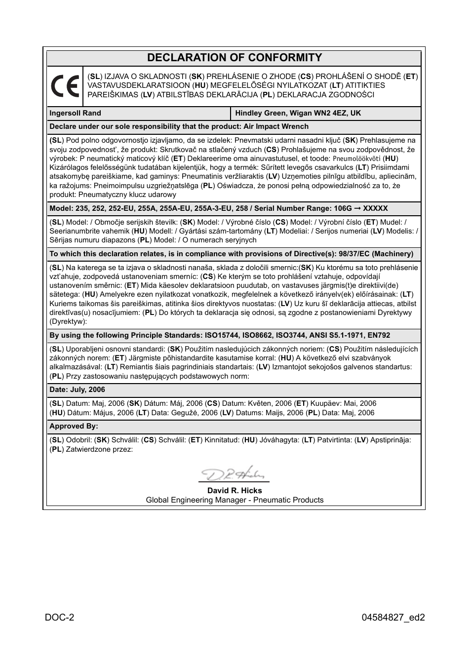 Declaration of conformity | Ingersoll-Rand 255 User Manual | Page 48 / 52