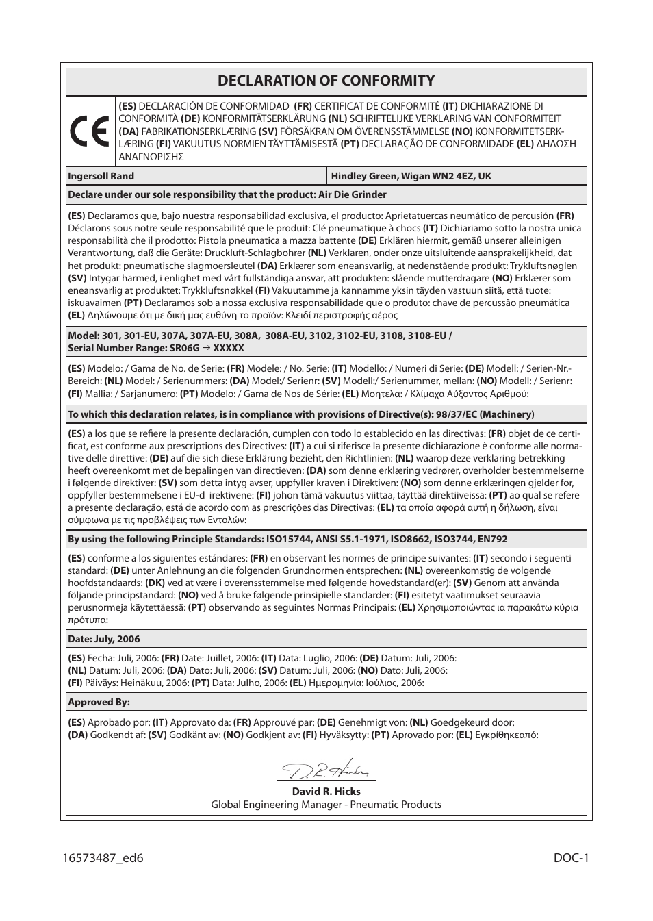 Declaration of conformity | Ingersoll-Rand 301 User Manual | Page 51 / 56