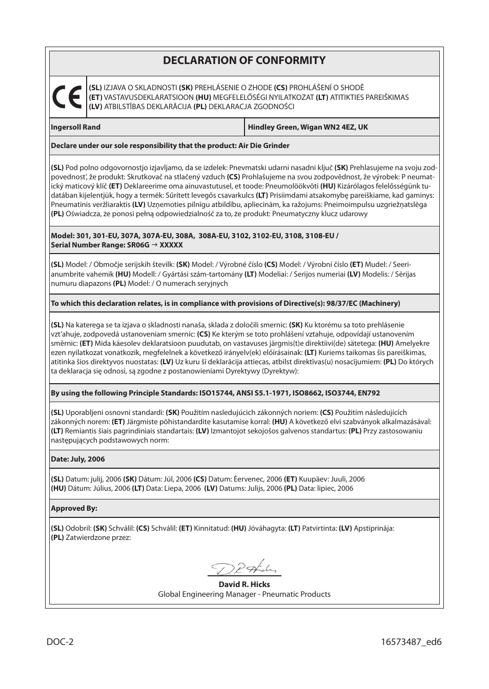Declaration of conformity | Ingersoll-Rand 301 User Manual | Page 52 / 56
