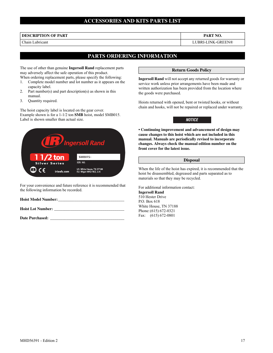 Accessories and kits parts list, Parts ordering information | Ingersoll-Rand SMB030 User Manual | Page 17 / 20