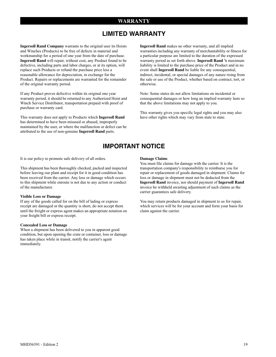 Limited warranty, Important notice | Ingersoll-Rand SMB030 User Manual | Page 19 / 20