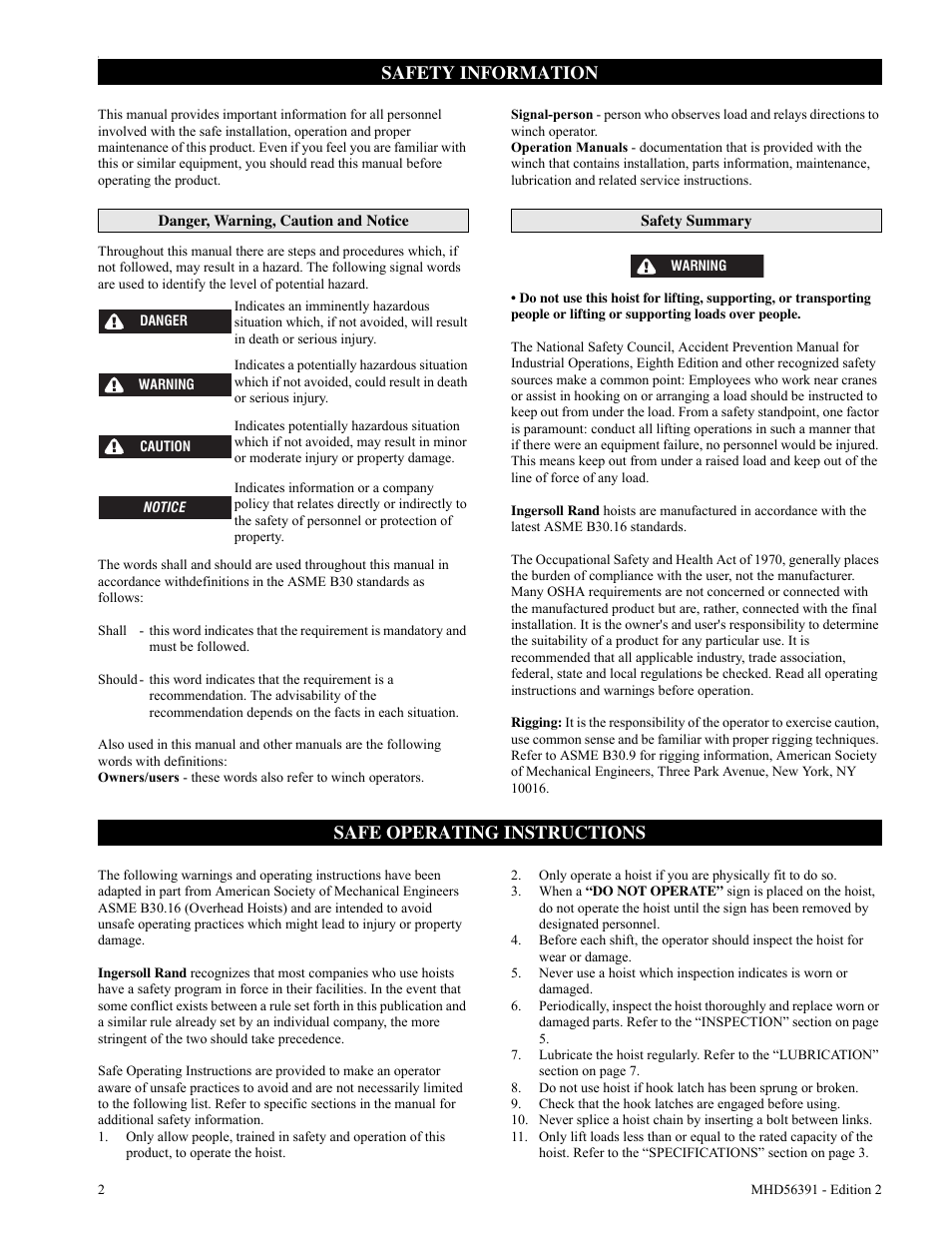 Safety information, Safe operating instructions | Ingersoll-Rand SMB030 User Manual | Page 2 / 20