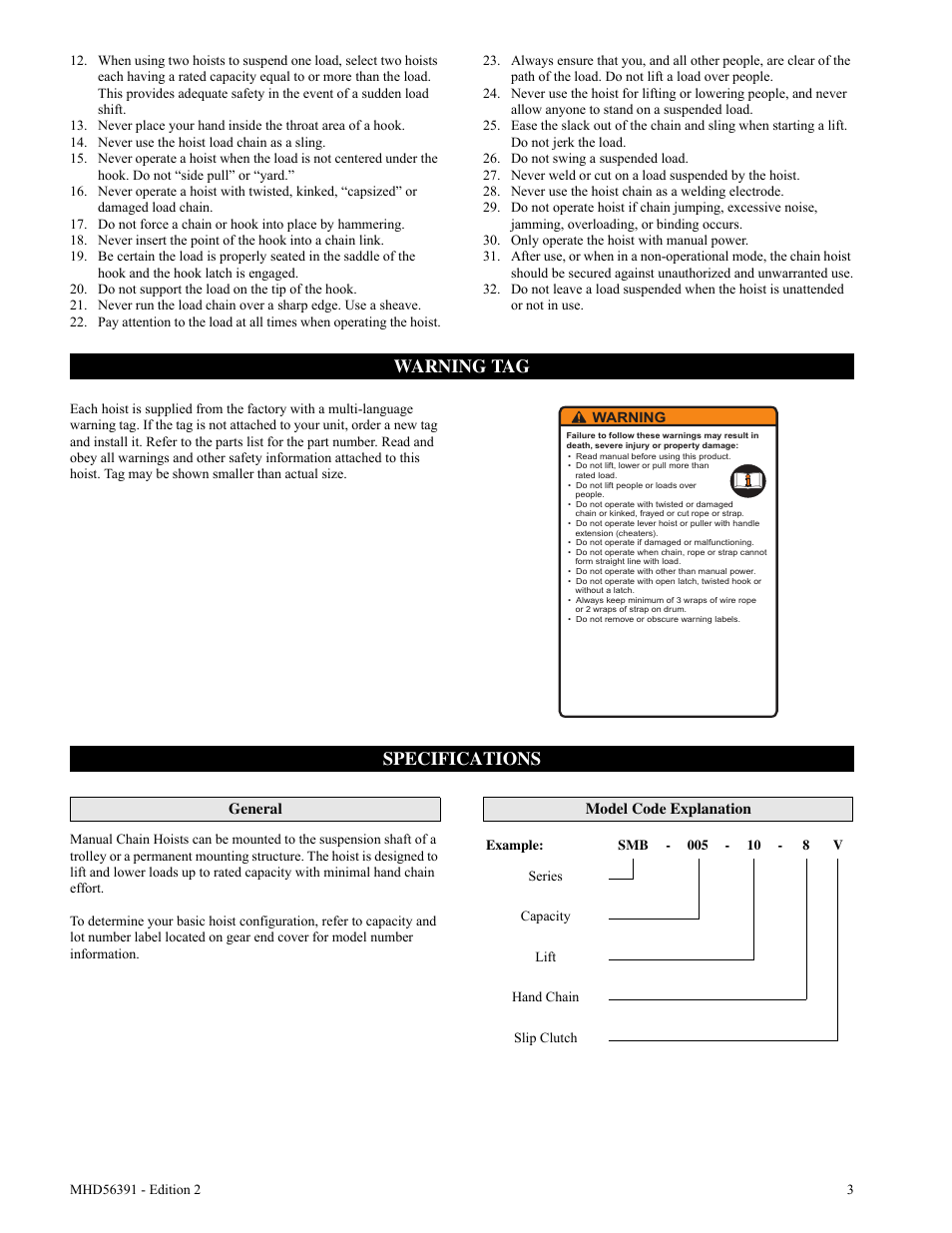 Warning tag, Specifications | Ingersoll-Rand SMB030 User Manual | Page 3 / 20