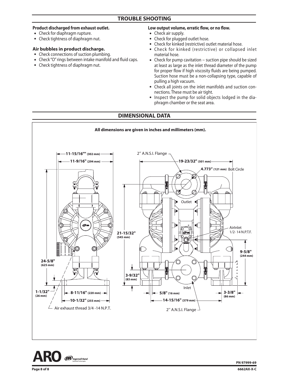 Trouble shooting, Dimensional data | Ingersoll-Rand 6662AX-X-C User Manual | Page 8 / 8