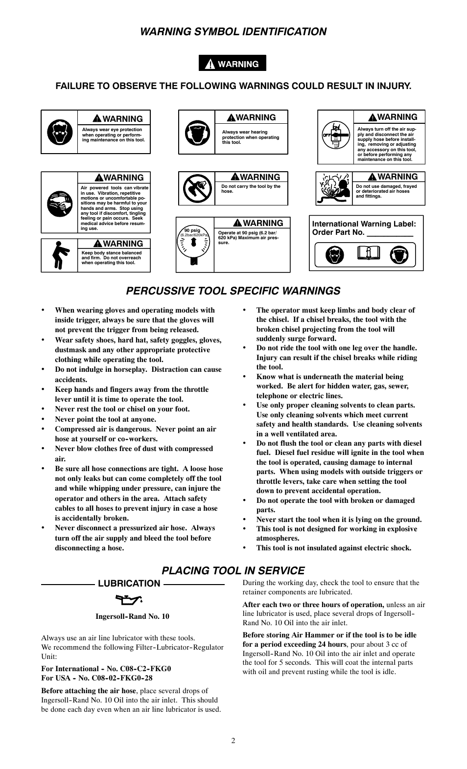 Warning symbol identification, Percussive tool specific warnings, Placing tool in service | Lubrication, Warning | Ingersoll-Rand 115--EU User Manual | Page 2 / 27