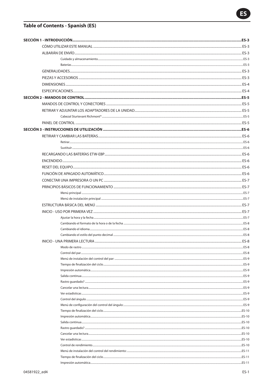 Table of contents - spanish (es) | Ingersoll-Rand ETW-E75 User Manual | Page 15 / 92