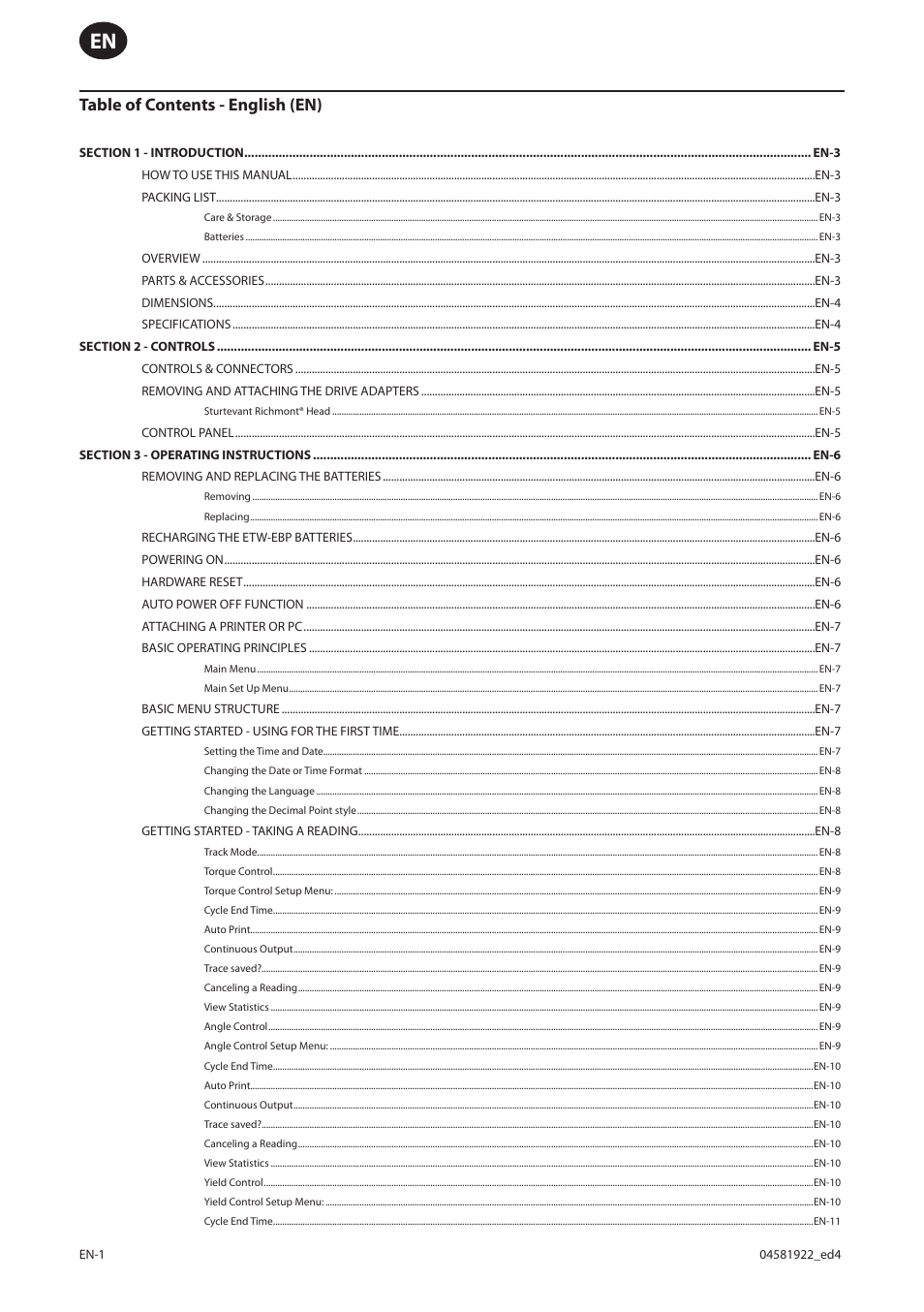 Table of contents - english (en) | Ingersoll-Rand ETW-E75 User Manual | Page 2 / 92