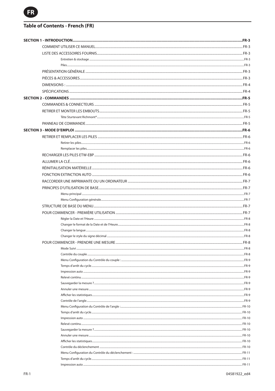 Table of contents - french (fr) | Ingersoll-Rand ETW-E75 User Manual | Page 28 / 92