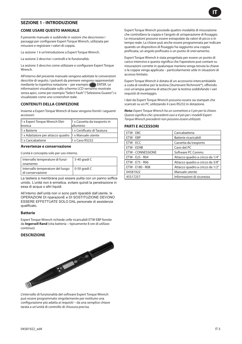 Sezione 1 - introduzione | Ingersoll-Rand ETW-E75 User Manual | Page 43 / 92