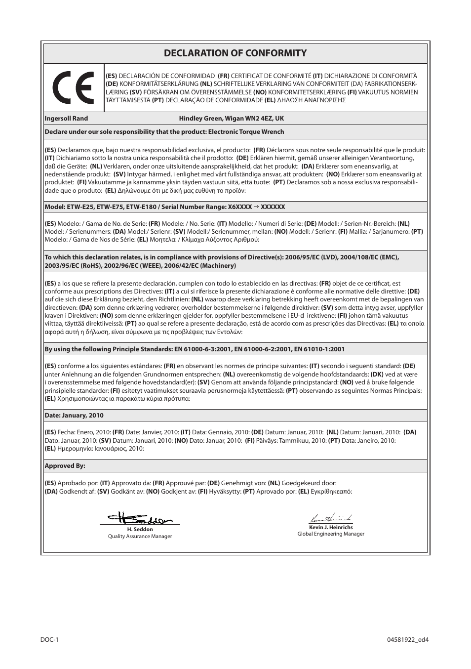 Declaration of conformity | Ingersoll-Rand ETW-E75 User Manual | Page 90 / 92