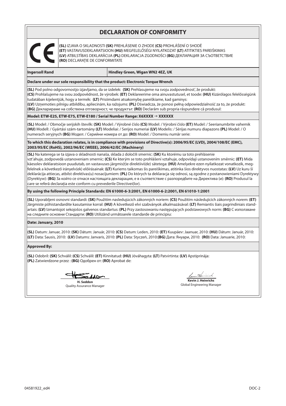 Declaration of conformity | Ingersoll-Rand ETW-E75 User Manual | Page 91 / 92