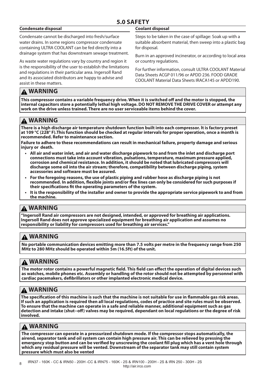 0 safety, Warning | Ingersoll-Rand NIRVANA IRN75-160K-2S User Manual | Page 10 / 100