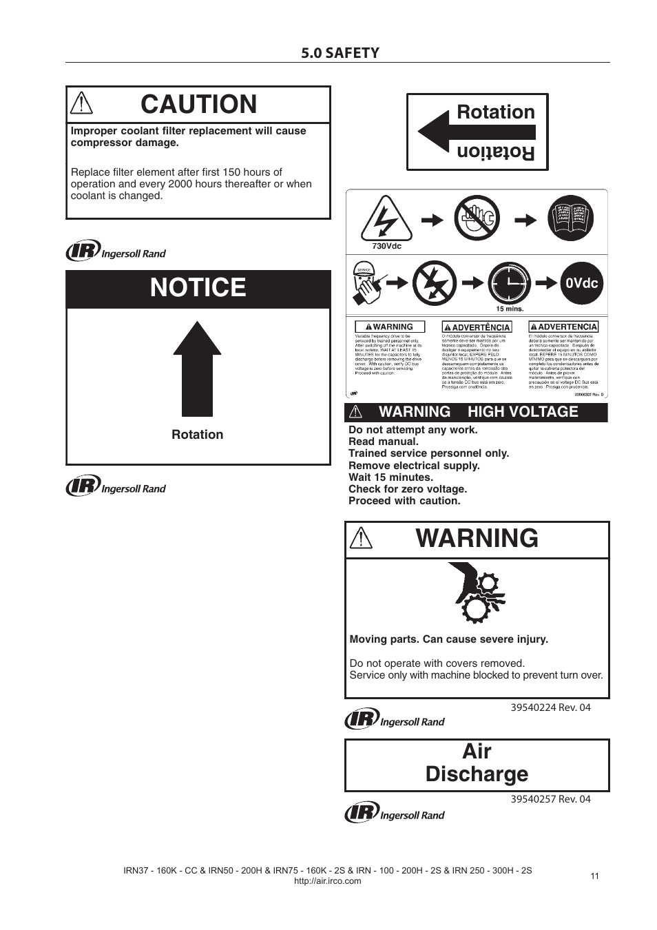 Caution, Notice, Warning | Air discharge, Rotation | Ingersoll-Rand NIRVANA IRN75-160K-2S User Manual | Page 13 / 100