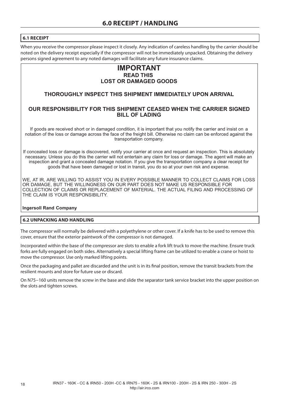 0 receipt / handling, Important | Ingersoll-Rand NIRVANA IRN75-160K-2S User Manual | Page 20 / 100