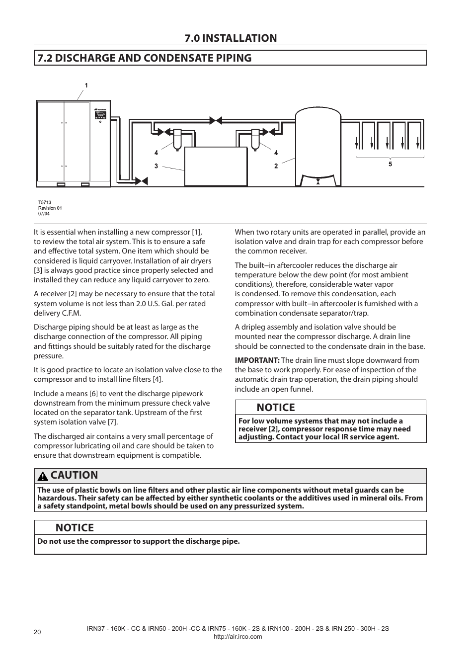 0 installation 7.2 discharge and condensate piping, Notice, Caution | Ingersoll-Rand NIRVANA IRN75-160K-2S User Manual | Page 22 / 100
