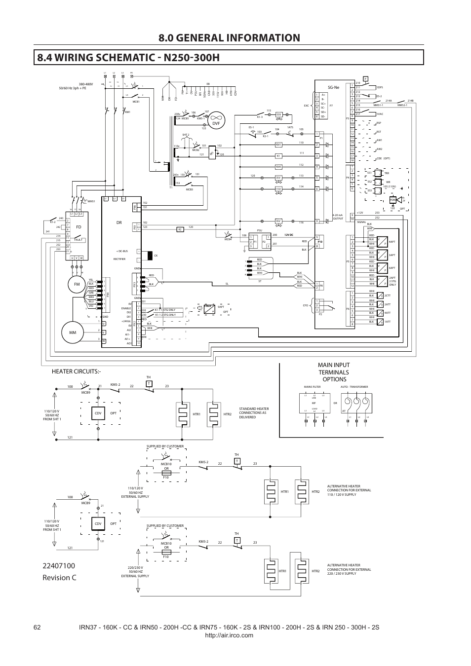 Heater circuits, Main input terminals options | Ingersoll-Rand NIRVANA IRN75-160K-2S User Manual | Page 64 / 100