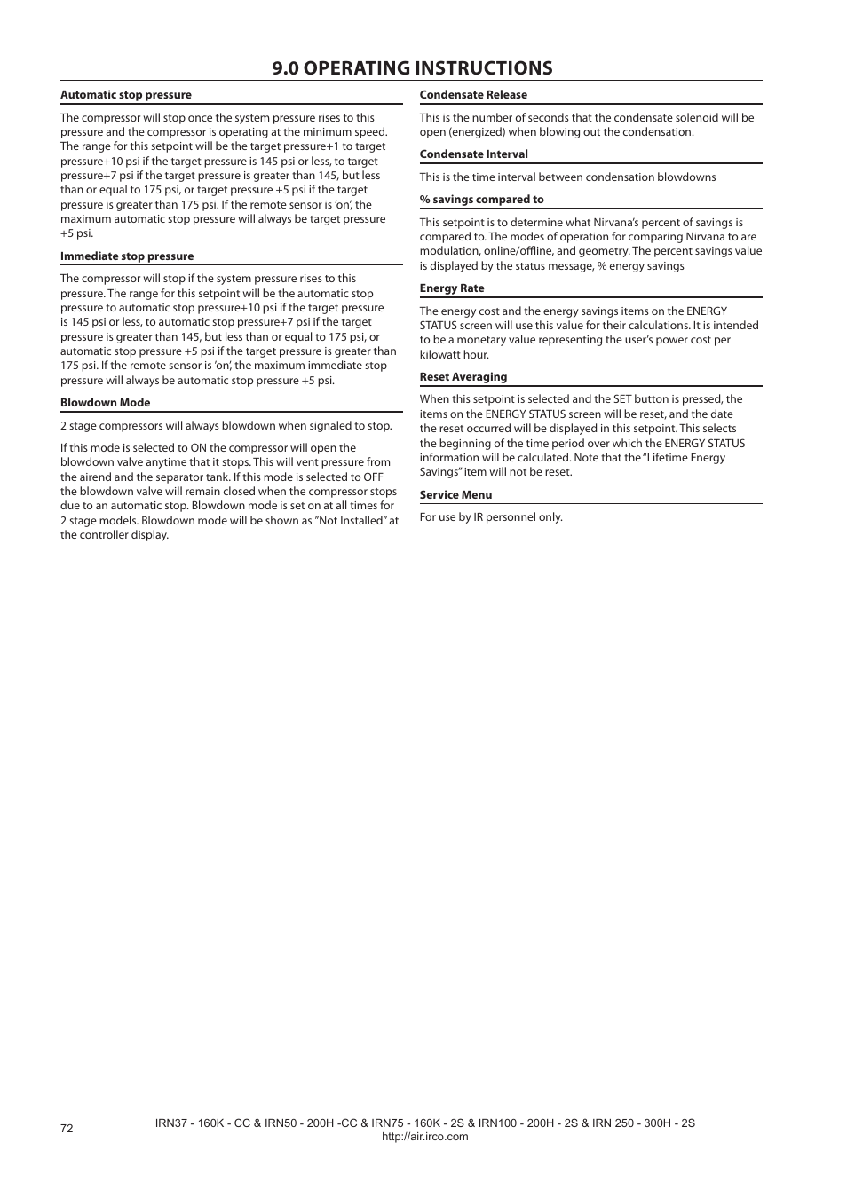 0 operating instructions | Ingersoll-Rand NIRVANA IRN75-160K-2S User Manual | Page 74 / 100