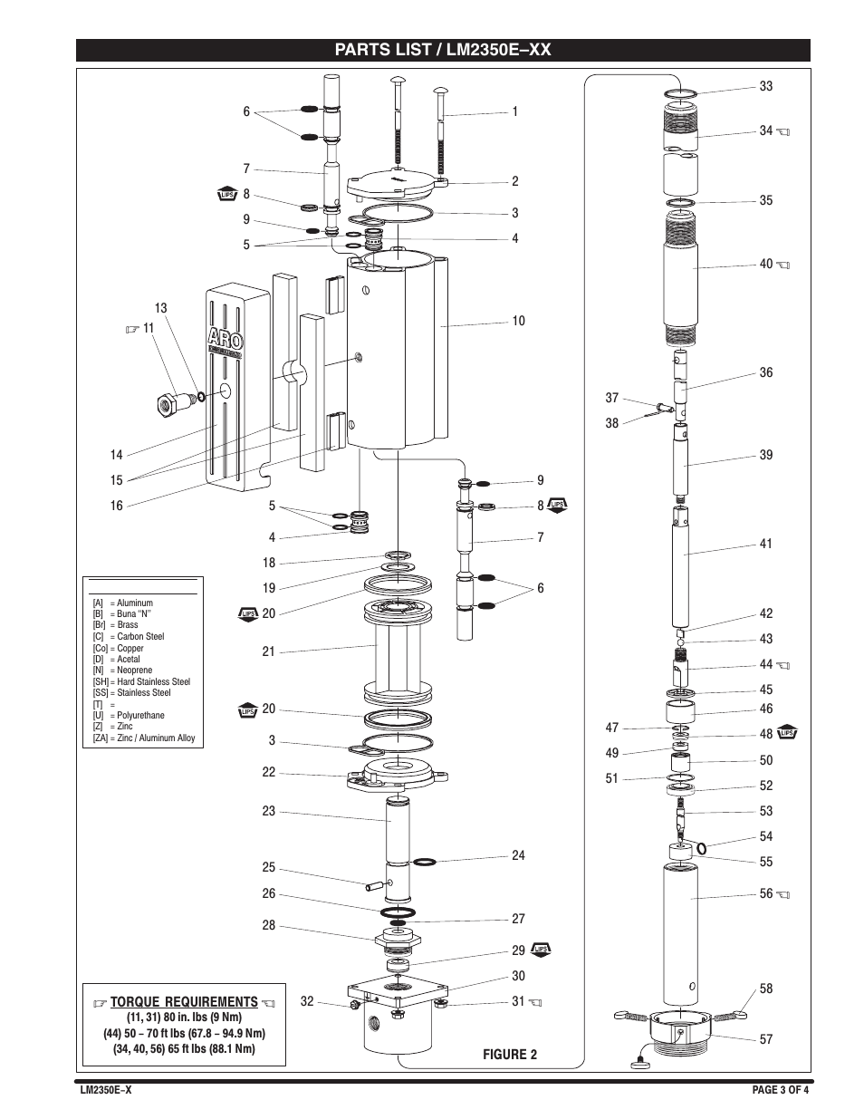 Pump parts view, Parts list / lm2350e–xx | Ingersoll-Rand LM2350E-X User Manual | Page 3 / 4