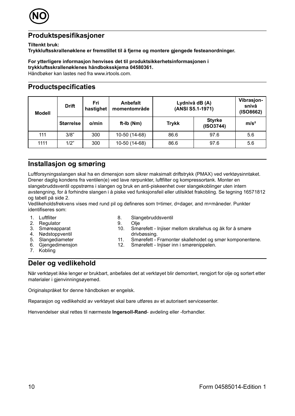 Produktspesifikasjoner, Productspecificaties, Installasjon og smøring | Deler og vedlikehold, Productspecificaties installasjon og smøring | Ingersoll-Rand AIR RATCHET WRENCH 111 User Manual | Page 10 / 28