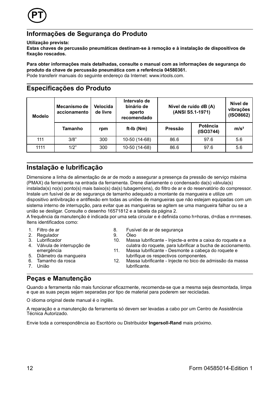 Informações de segurança do produto, Especificações do produto, Instalação e lubrificação | Peças e manutenção | Ingersoll-Rand AIR RATCHET WRENCH 111 User Manual | Page 12 / 28