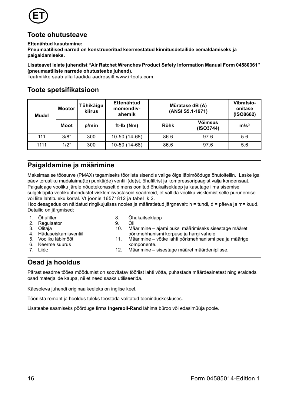 Toote ohutusteave, Toote spetsifikatsioon, Paigaldamine ja määrimine | Osad ja hooldus, Toote spetsifikatsioon paigaldamine ja määrimine | Ingersoll-Rand AIR RATCHET WRENCH 111 User Manual | Page 16 / 28
