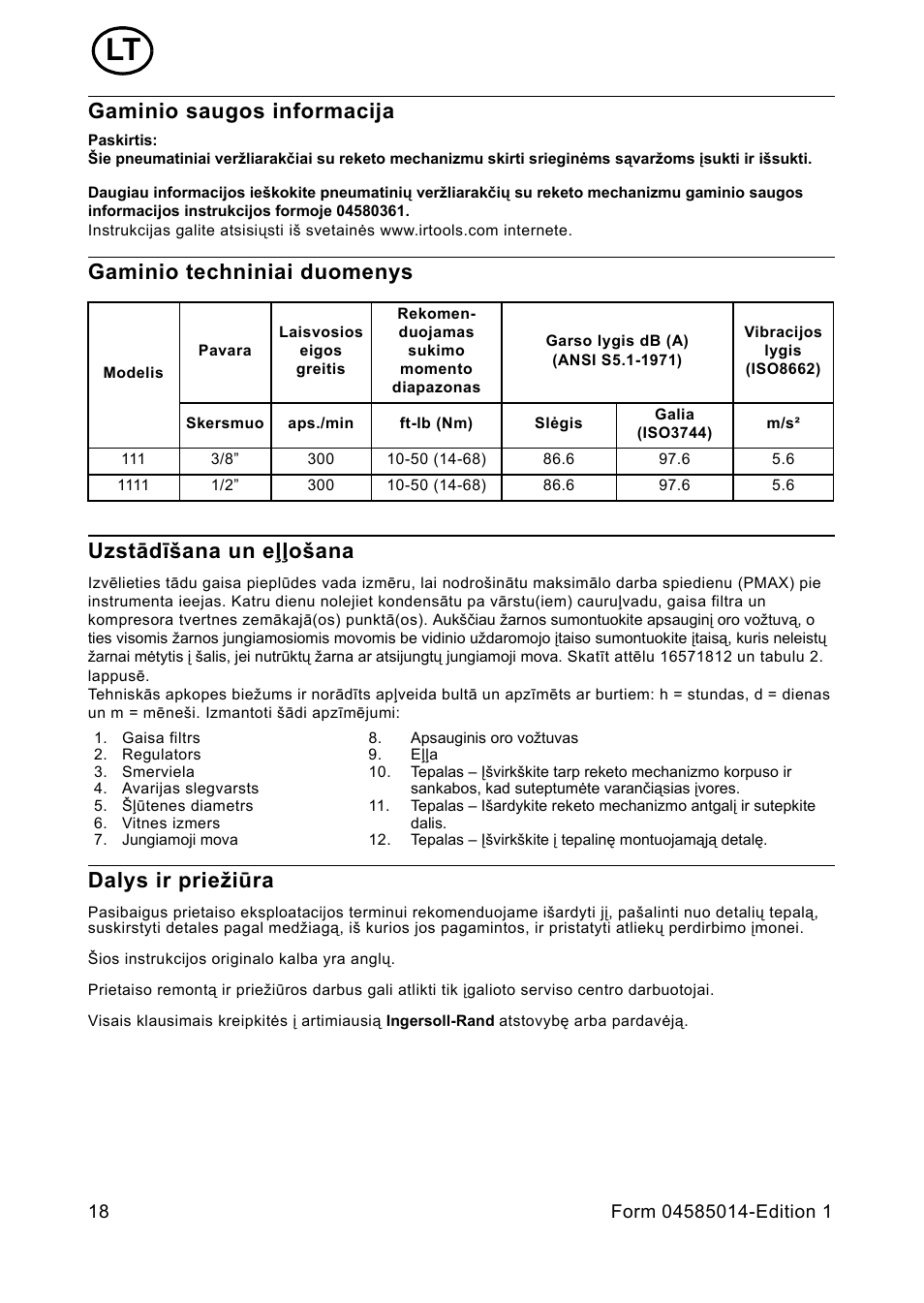 Gaminio saugos informacija, Gaminio techniniai duomenys, Uzstâdî²ana un eïïo²ana | Dalys ir prie iûra, Dalys ir priežiūra | Ingersoll-Rand AIR RATCHET WRENCH 111 User Manual | Page 18 / 28