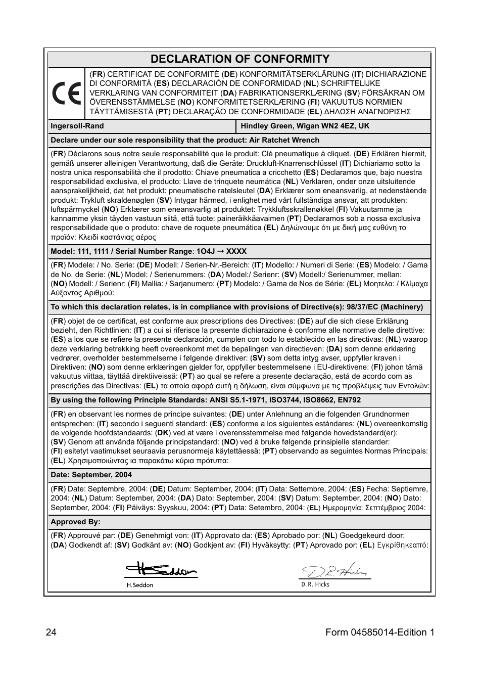 Declaration of conformity | Ingersoll-Rand AIR RATCHET WRENCH 111 User Manual | Page 24 / 28