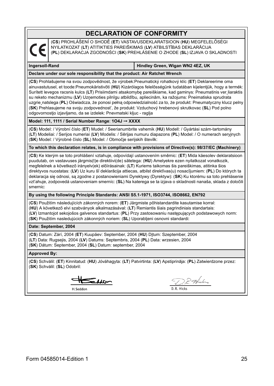 Declaration of conformity | Ingersoll-Rand AIR RATCHET WRENCH 111 User Manual | Page 25 / 28