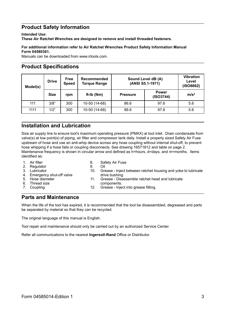 Product safety information, Product specifications, Installation and lubrication | Parts and maintenance | Ingersoll-Rand AIR RATCHET WRENCH 111 User Manual | Page 3 / 28