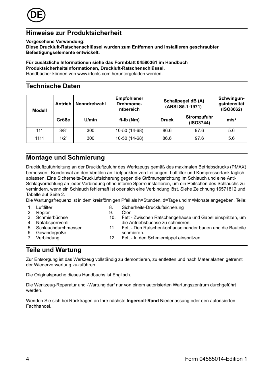 Hinweise zur produktsicherheit, Technische daten, Montage und schmierung | Teile und wartung, Technische daten montage und schmierung | Ingersoll-Rand AIR RATCHET WRENCH 111 User Manual | Page 4 / 28